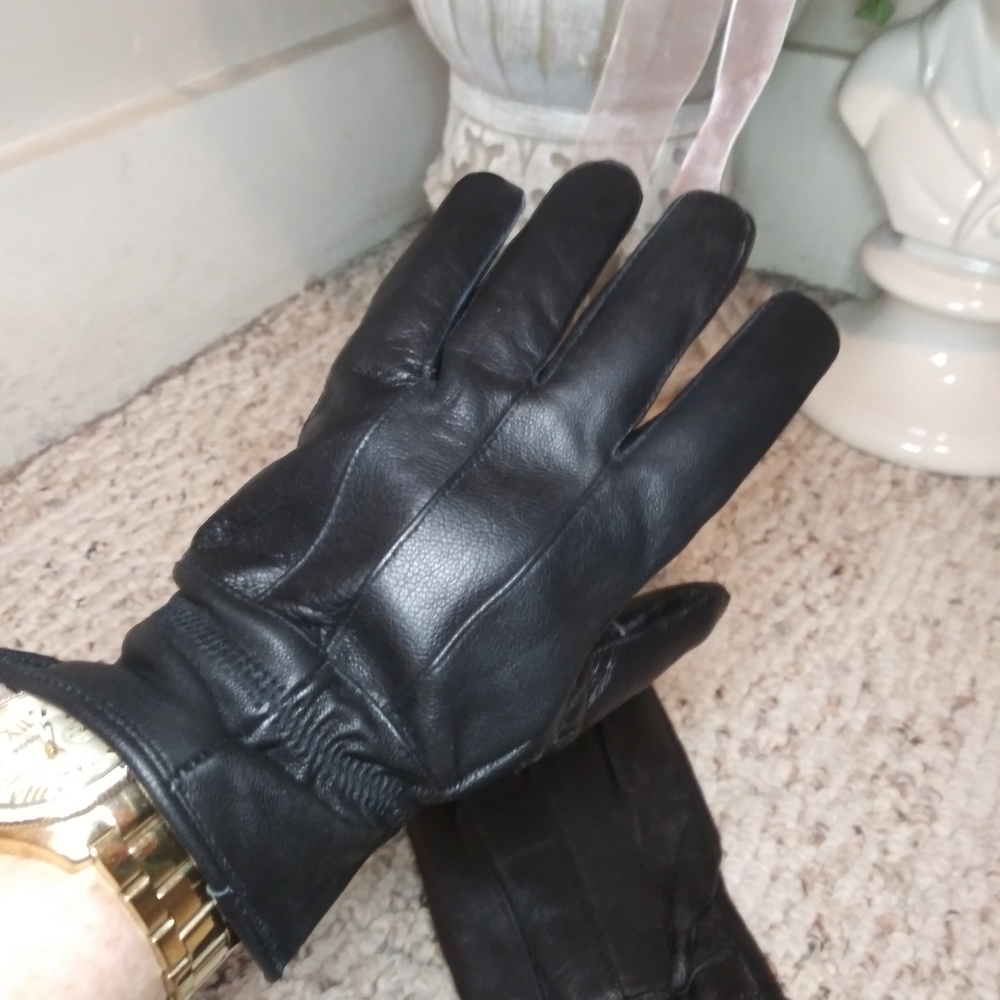 Vintage Men's Black Leather Fabric Lined Winter Gloves